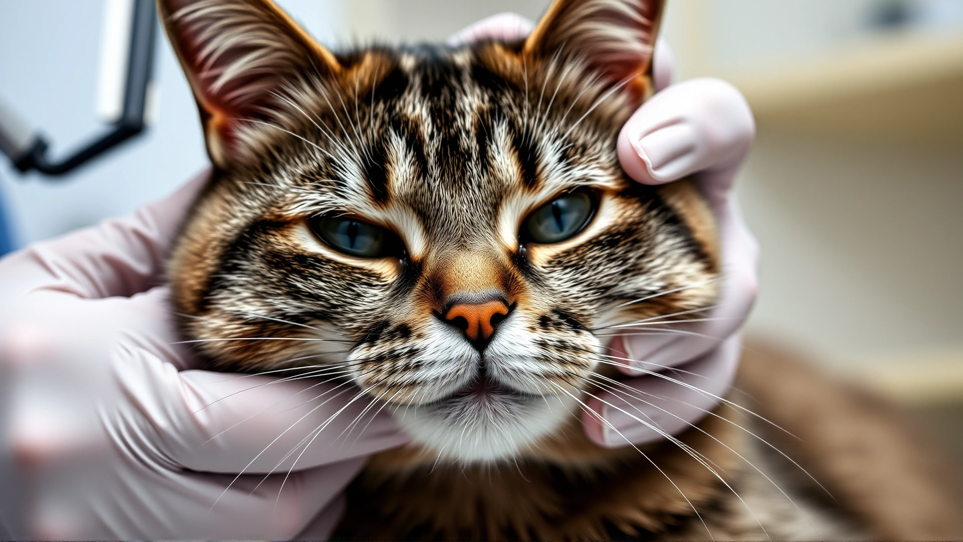 Close-up shot of veterinarian wearing latex gloves performing anal gland expression on a calm grey tabby cat; focus on professional handling, clean clinic setting, soft lighting.