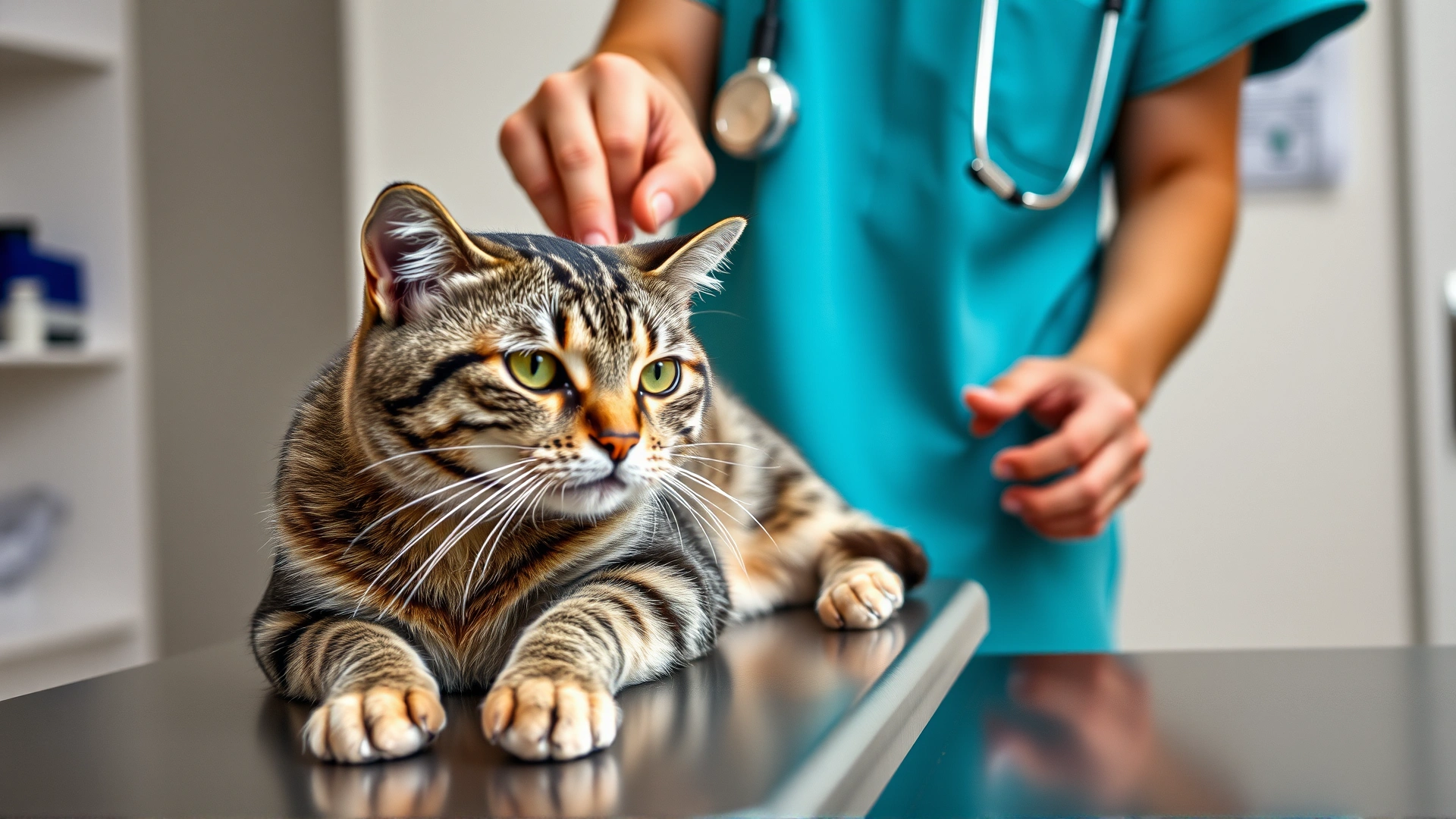 Veterinarian wearing scrubs examining a grey tabby cat on an examination table, pointing at a skin bump, clinic background