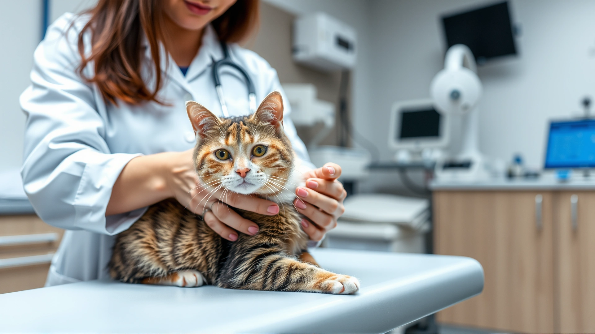Veterinarian gently examining a cat on an examination table in a modern clinic, medical equipment blurred in background