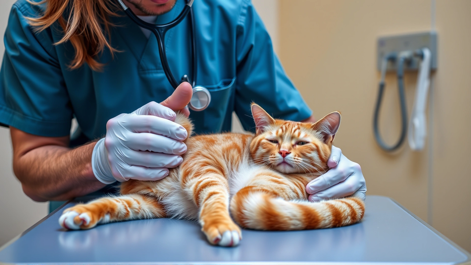 A veterinarian using a stethoscope and palpating a calm ginger cat lying on an exam table, illustrating clinical examination.