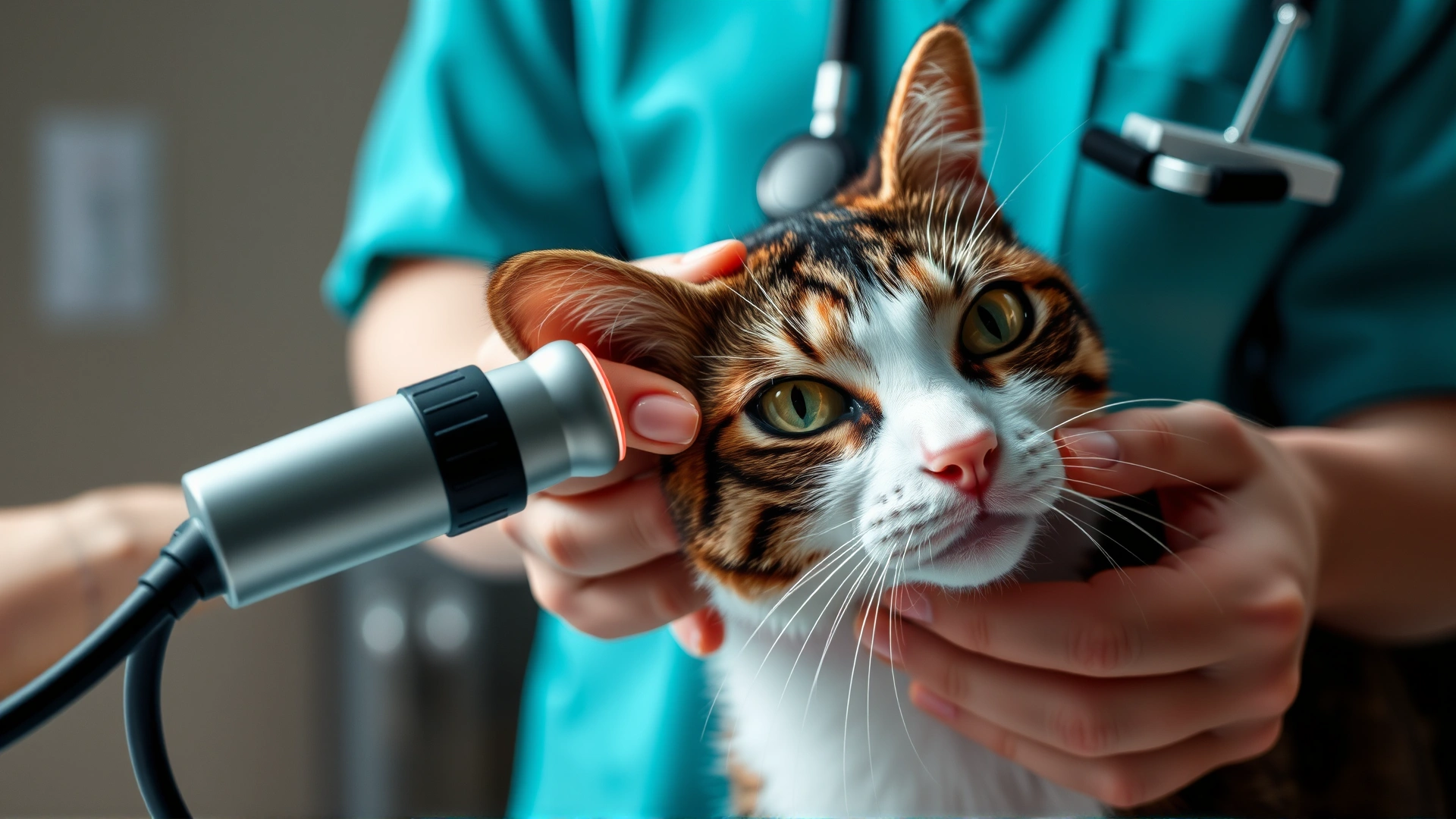 Veterinarian gently inspecting a cat's ear and nasal area using an otoscope, showcasing a calm clinical environment.