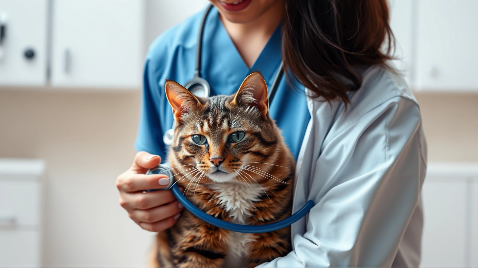 Veterinarian listening to a calm cat’s chest with a stethoscope inside a clean clinic, soft lighting, no text.