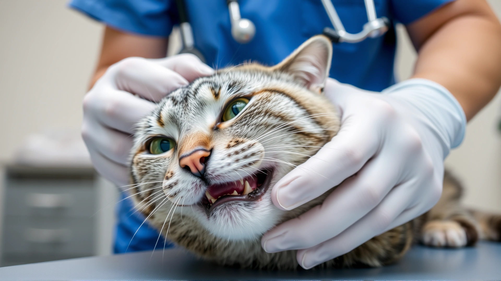 Close-up of a veterinarian checking a gray tabby cat’s gums for signs of pallor on an examination table, clinical setting, bright lighting.