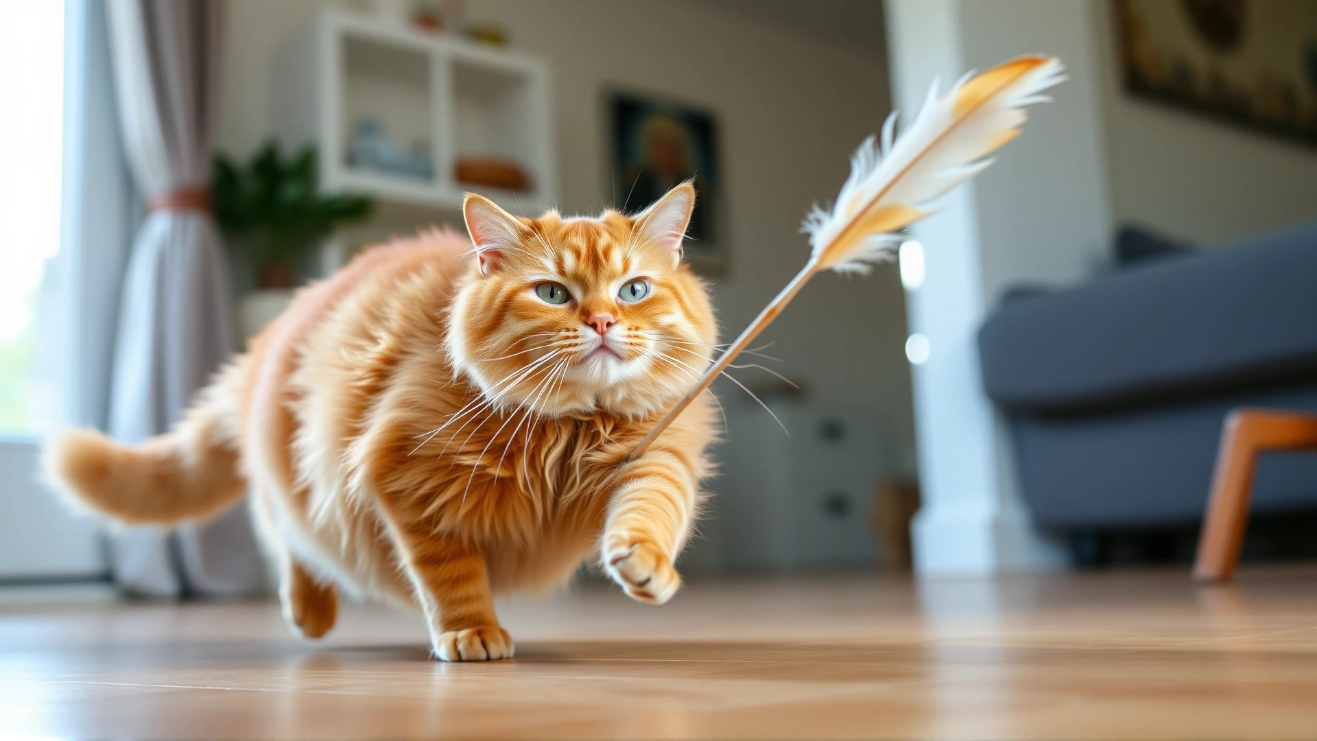 Overweight orange cat actively chasing a feather wand toy indoors, motion blur to highlight movement and exercise