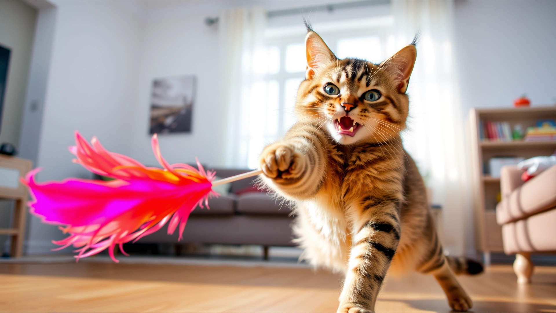Playful domestic cat chasing a colorful feather toy in a bright living room, illustrating healthy physical activity.