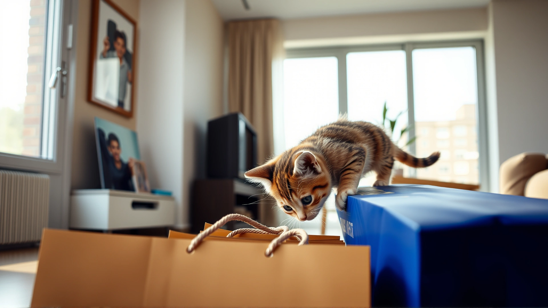 Curious kitten sniffing around a stack of shopping bags in a modern apartment, bright daylight through window