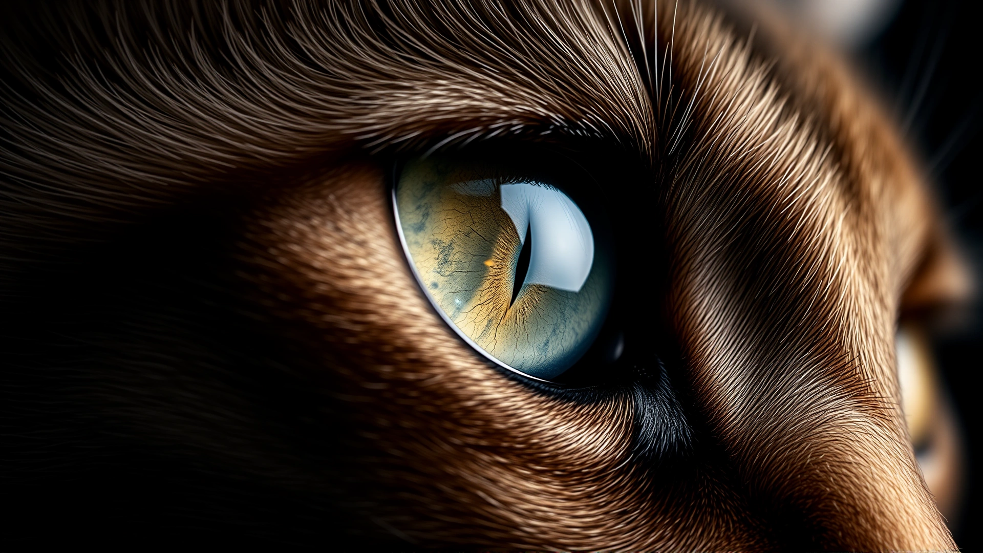 Extreme macro photograph of a healthy cat’s eye highlighting the third eyelid in a neutral position, shot on a black background with high sharpness and vibrant detail.