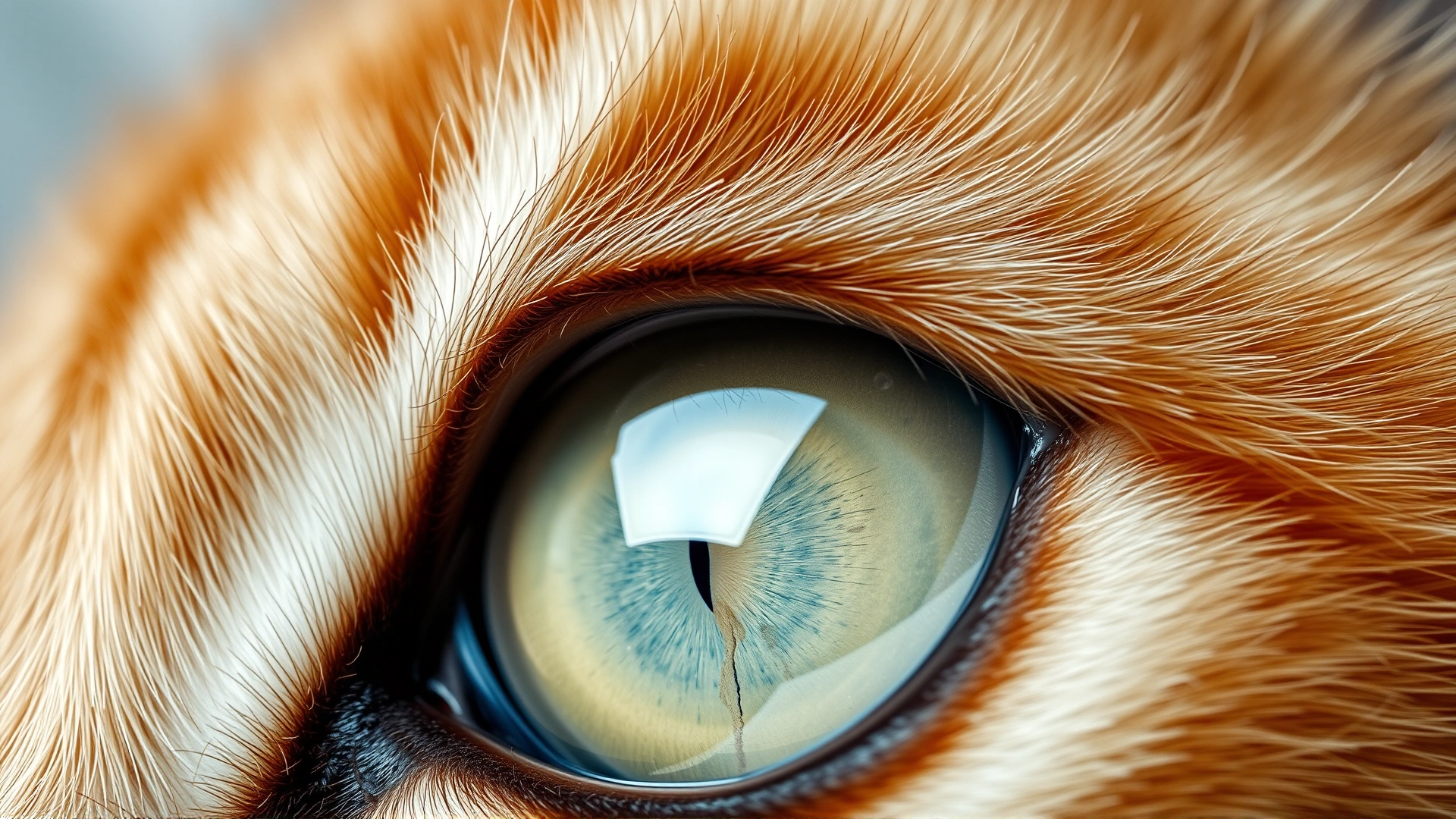 Illustrative photo showing a healthy cat eye in extreme close-up, highlighting tear duct area, neutral background