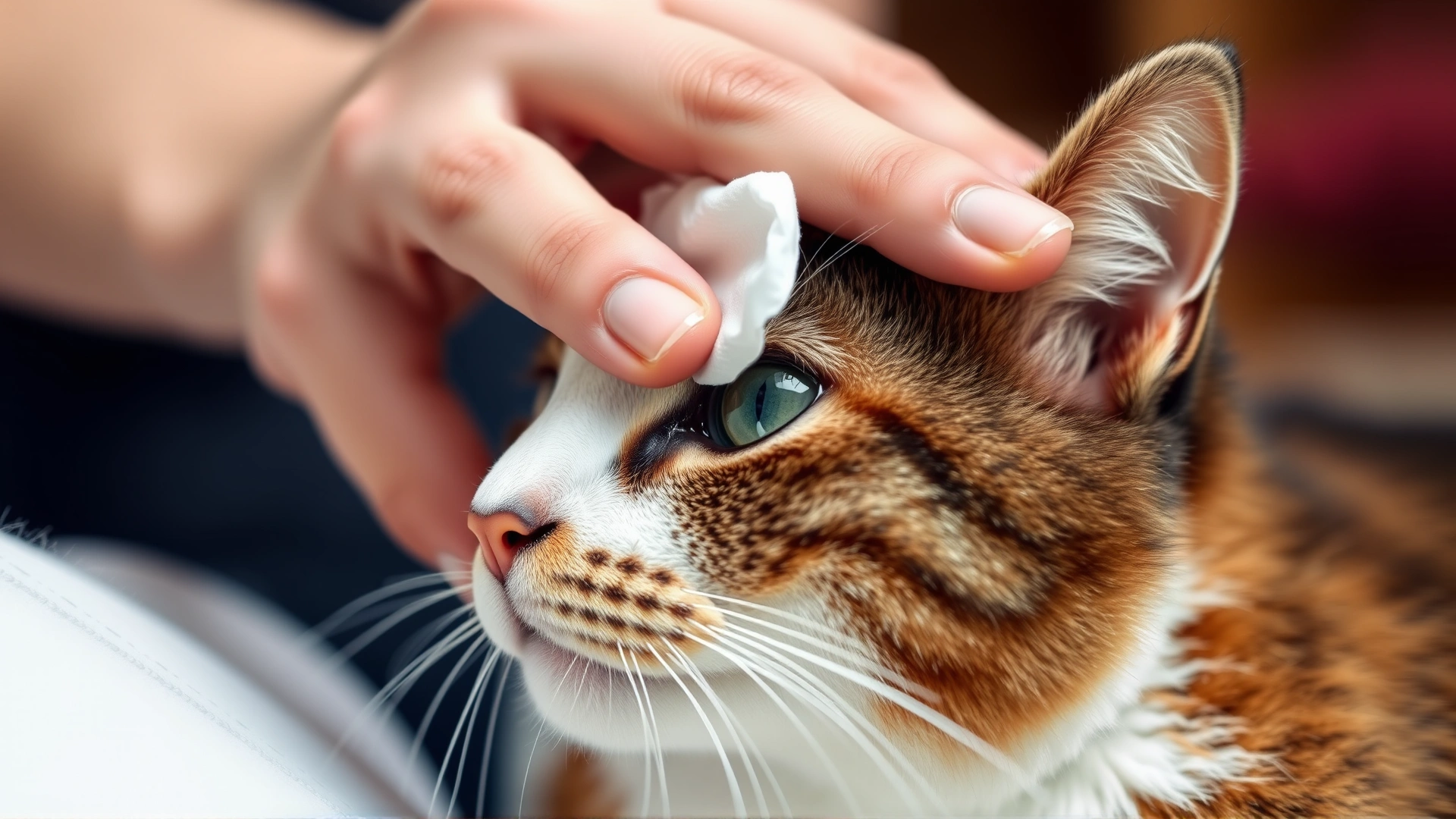 Person gently cleaning a cat's eye with a damp cotton pad, close-up hands and cat's face, calm indoor setting