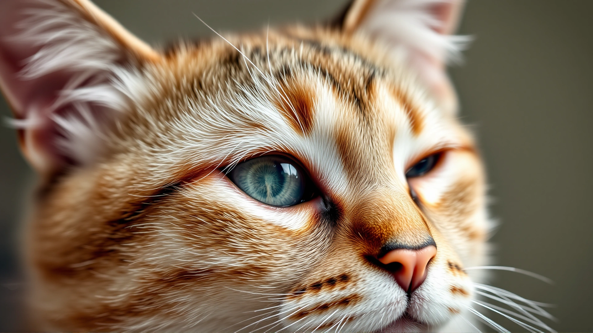Head-shot of a short-haired cat with one eye in sharp focus, showing mild redness around the eyelid to illustrate early irritation.
