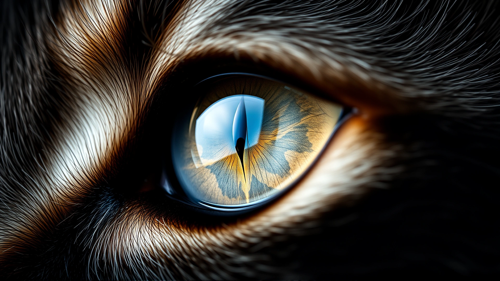 Macro shot of a cat’s eye showing clear detail of the iris and pupil, illustrating feline eye anatomy
