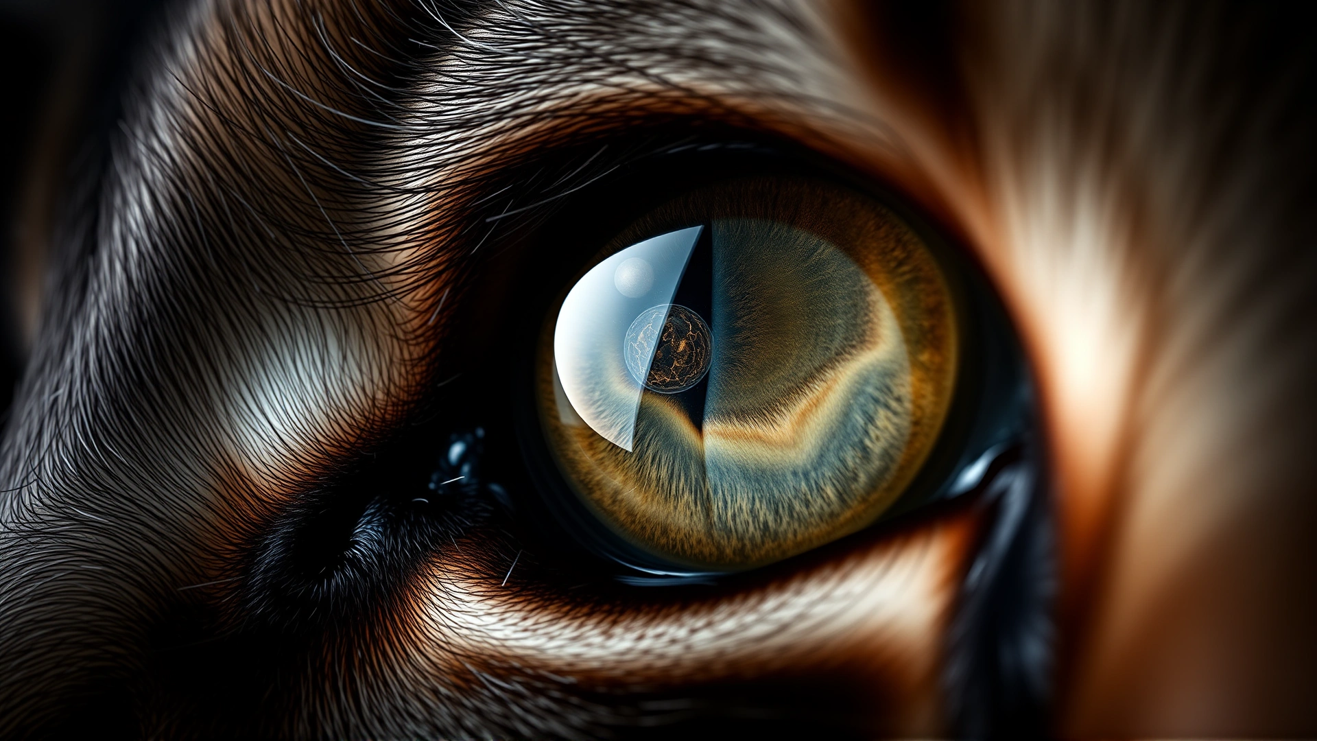 Extreme close-up of a cat's eye showing a small translucent cyst floating in front of the iris, on a dark background