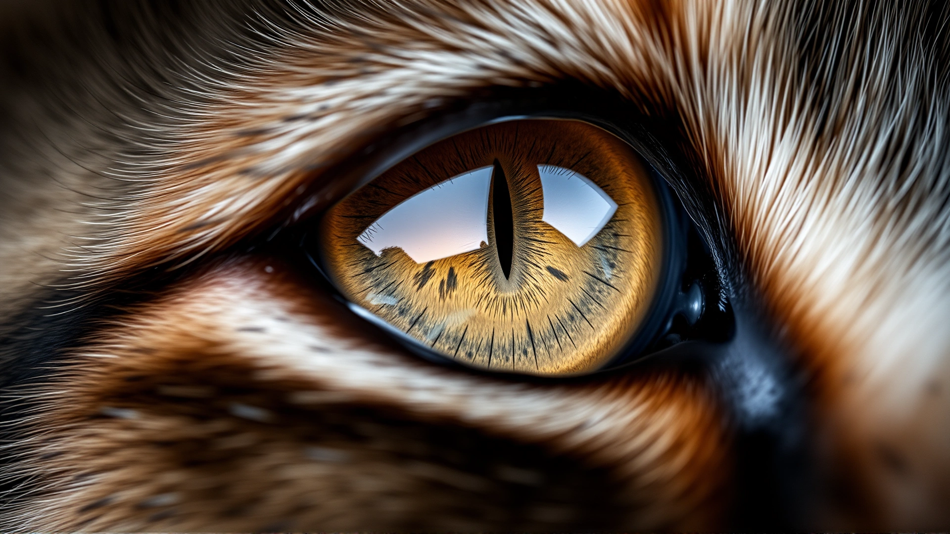 Macro shot of a cat's eye in sharp detail, illustrating retinal reflection and texture