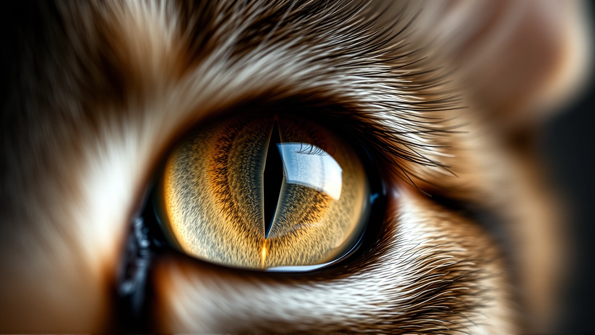 Extreme close-up macro photo of a healthy feline eye, showing clear cornea and vivid iris details