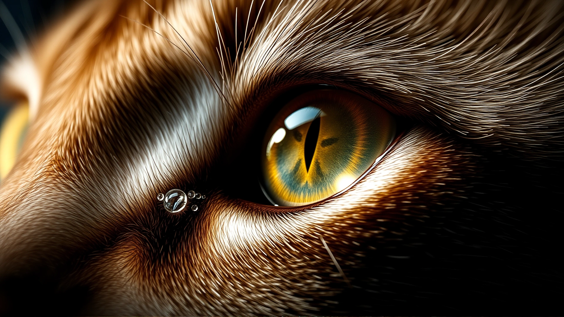 Extreme close-up photograph of a cat's eye with small tear droplets reflecting light