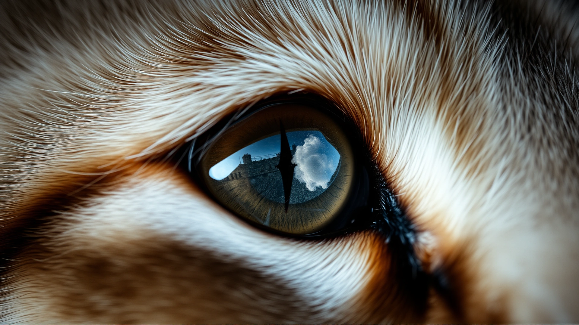 Macro shot of a cat's eye showing a cloudy haze over the cornea, sharp detail, natural lighting