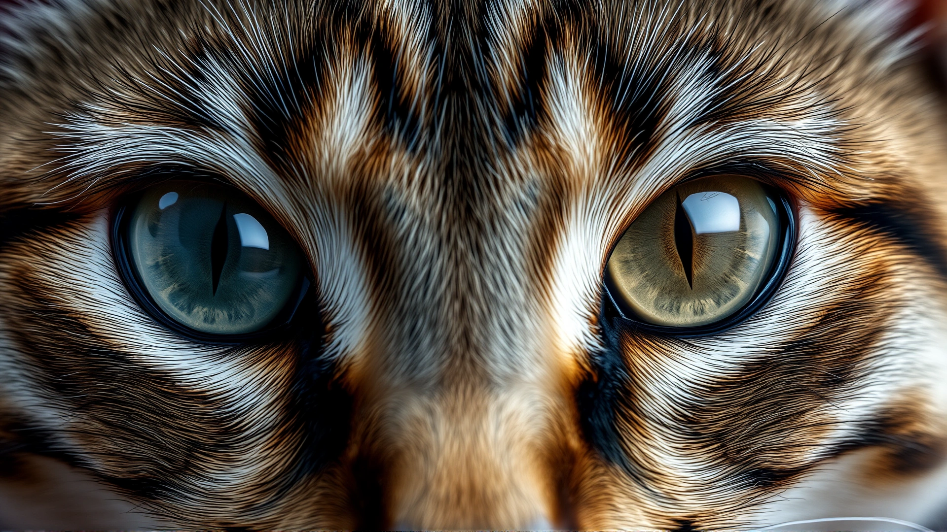 Extreme close-up of a cat’s two eyes showing one dilated and one constricted pupil, high resolution, neutral background, no text