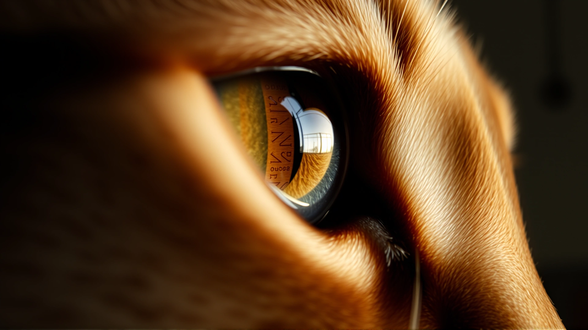 Macro photograph of a cat's eye with visible reflection and slight redness around the iris, captured indoors with soft lighting