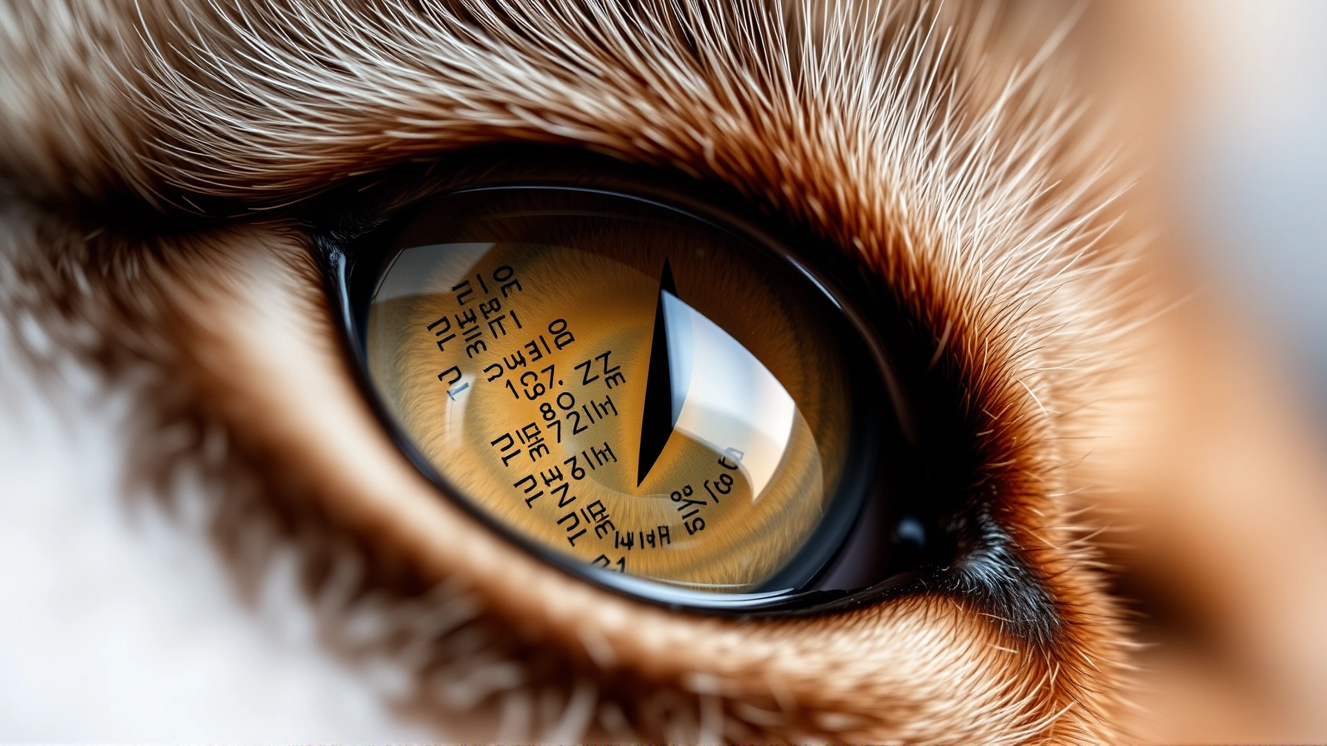 Macro photograph of a cat’s eye with visible iris and reflections to illustrate iris adhesion topic, neutral background