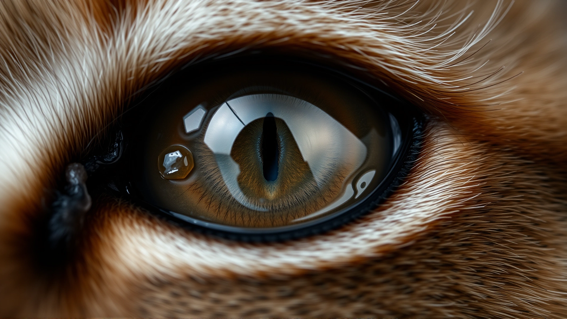 Macro shot of a cat’s eye surface showing subtle dryness and slight mucous discharge, high detail, no text.