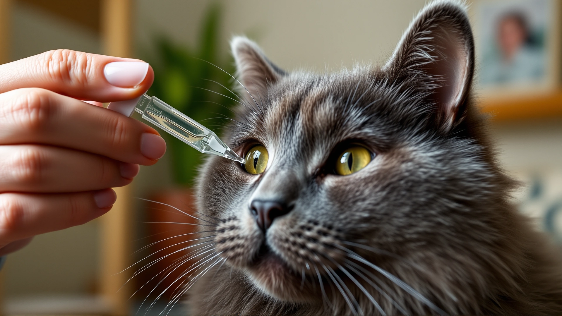 Owner administering eye drops to a calm grey cat at home, close-up on the dropper and the cat’s eye
