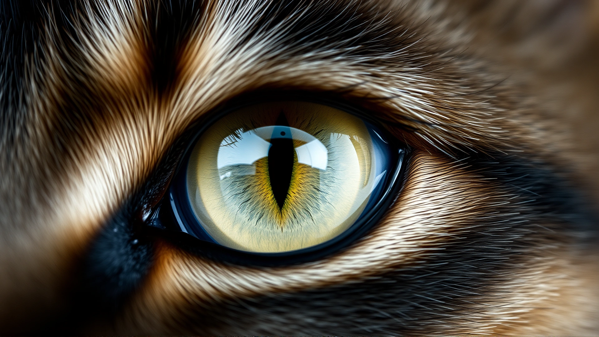 Extreme close-up macro photograph of a cat's eye showing detail of iris, pupil and third eyelid, sharp focus