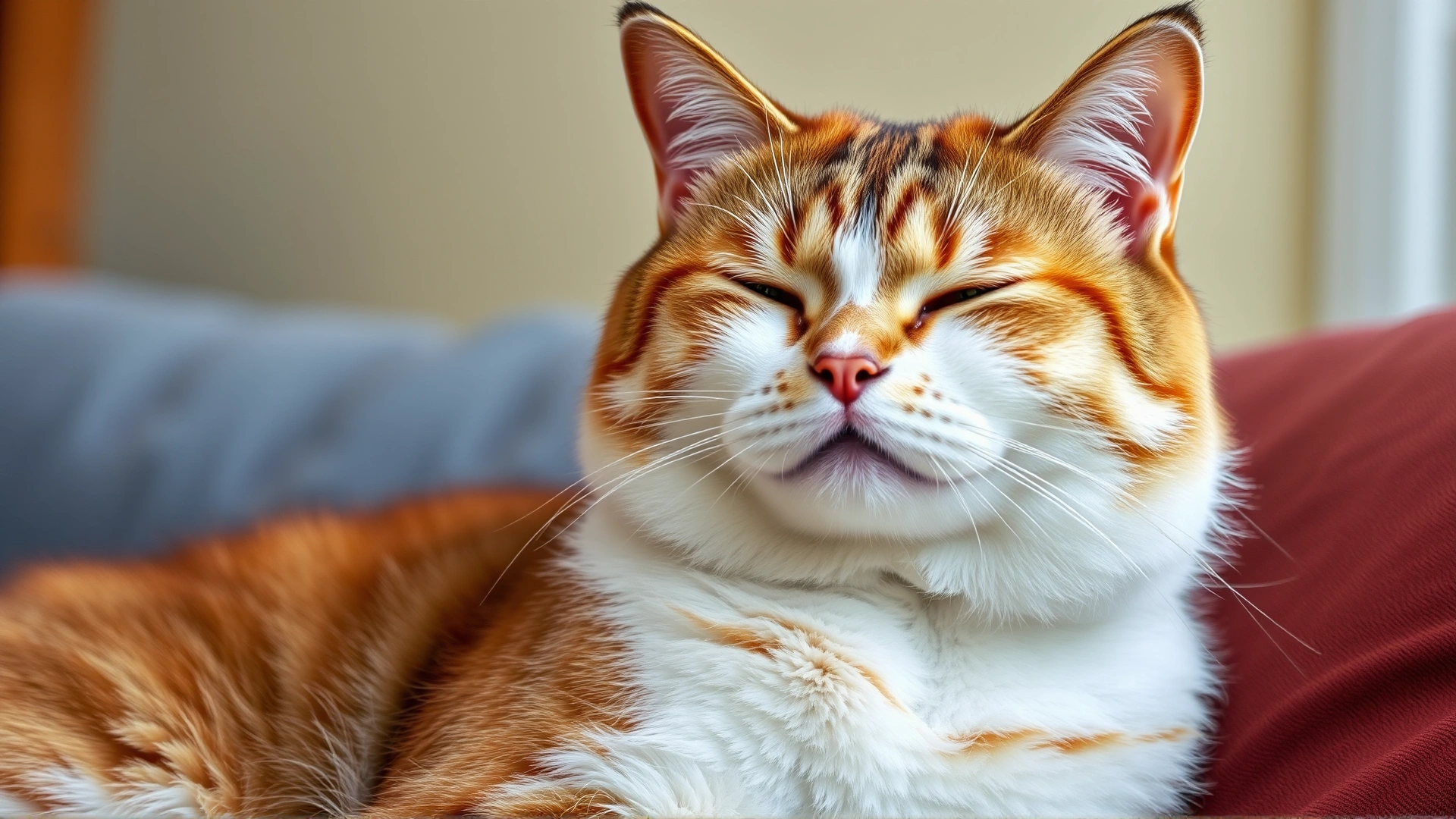 Friendly cat giving a slow blink with half-closed eyes while sitting comfortably