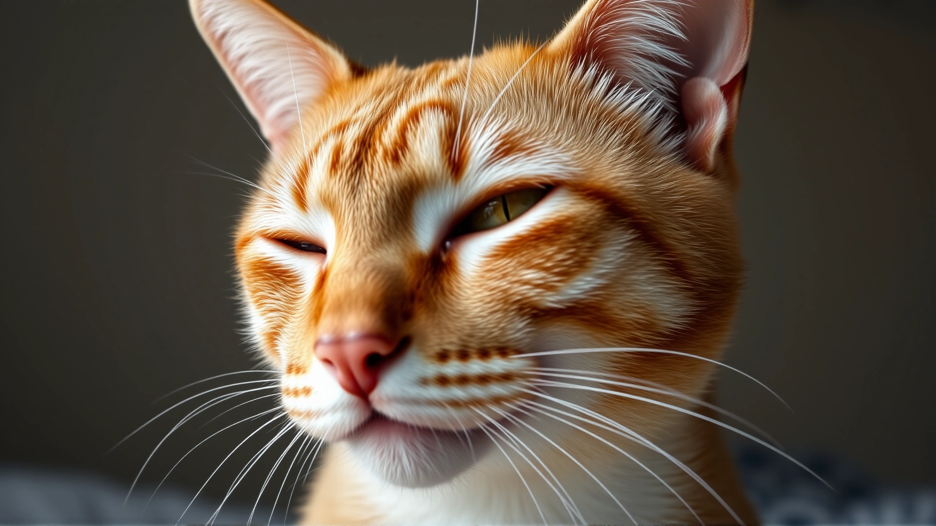High-resolution portrait of a ginger cat with one eye half-closed and lip drooping on one side, illustrating facial paralysis; neutral indoor background, good lighting.