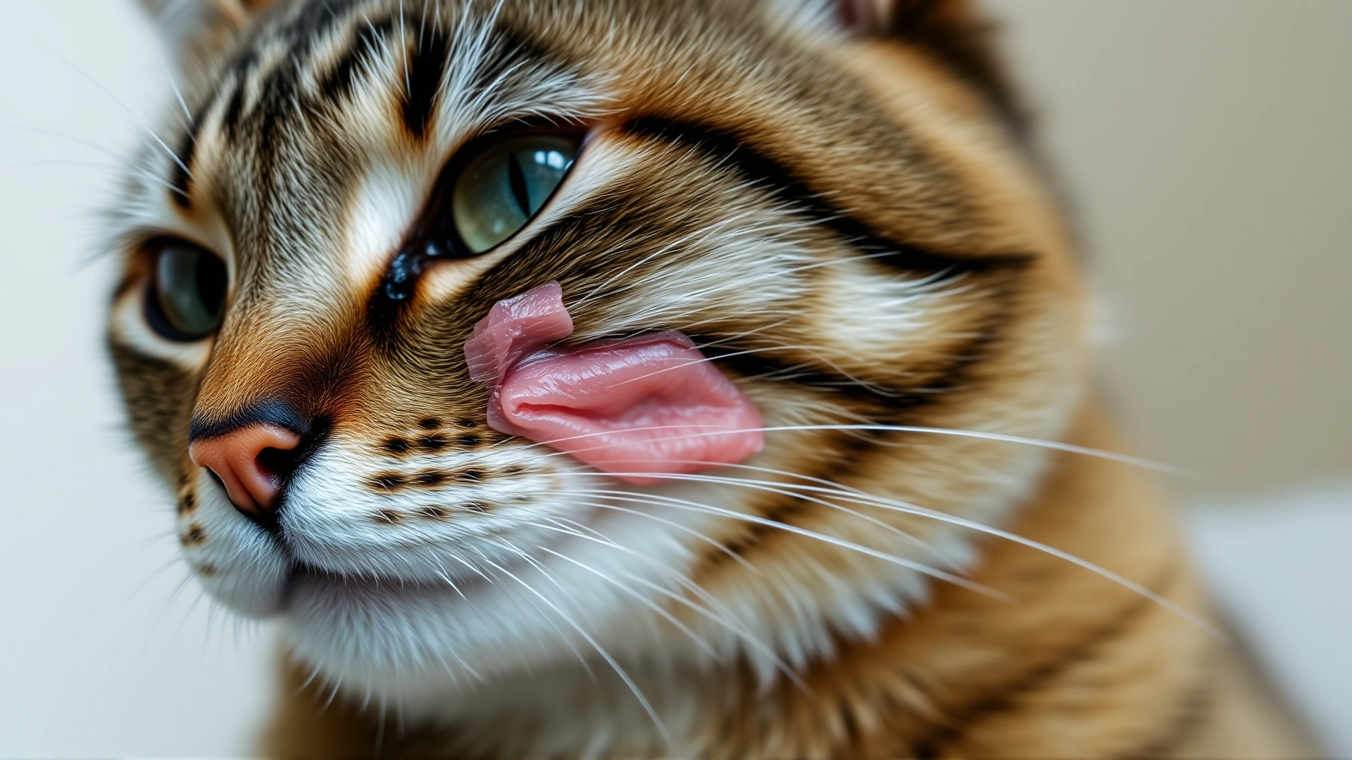 Close-up photo of a tabby cat with slight facial swelling near the cheek, neutral background, no text