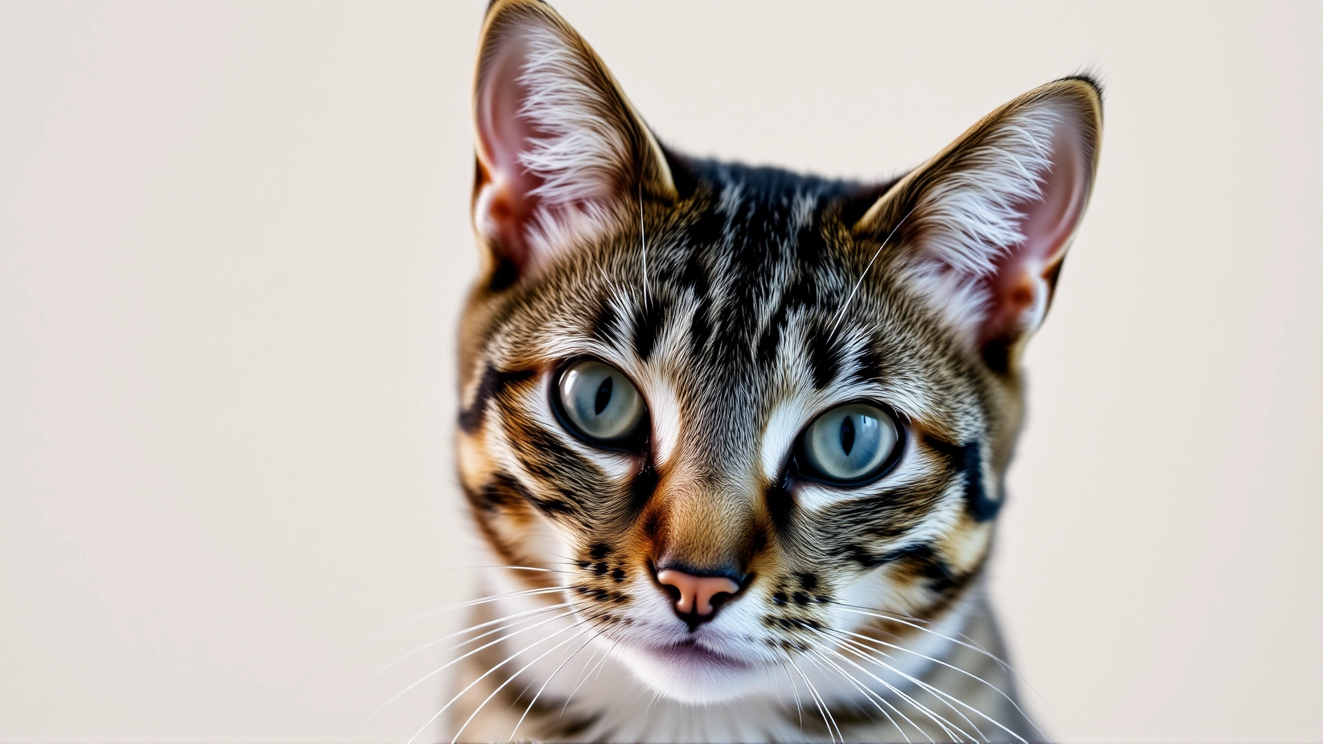 Close-up portrait of a tabby cat showing slightly enlarged facial features against a soft neutral background