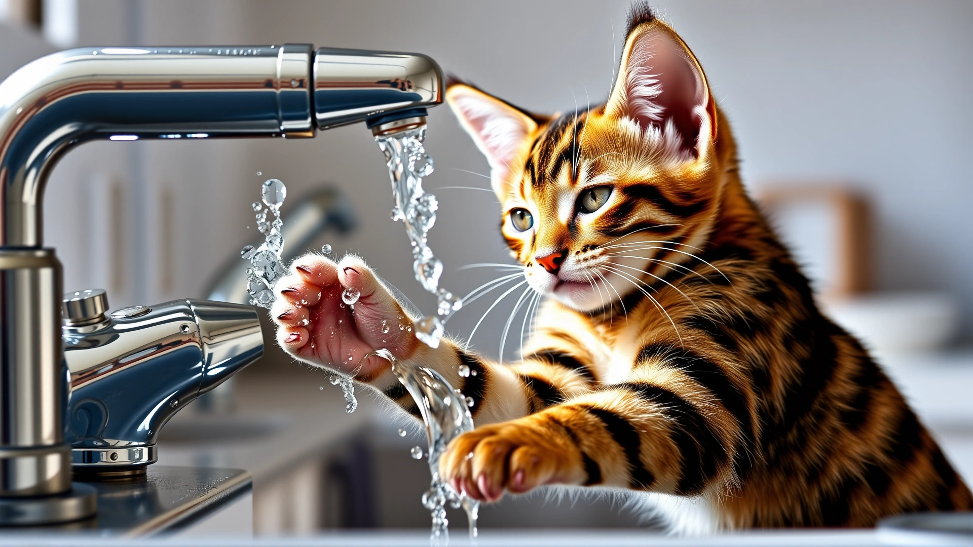 Curious young Bengal cat pawing at water flowing from a shiny kitchen faucet, water droplets mid-air, bright domestic background.