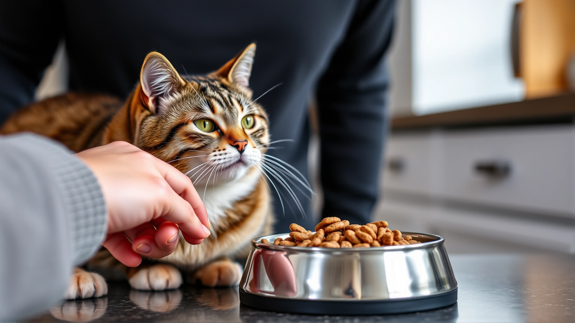Owner hand-feeding a senior tabby cat specialized renal diet kibble from a stainless bowl on a kitchen countertop