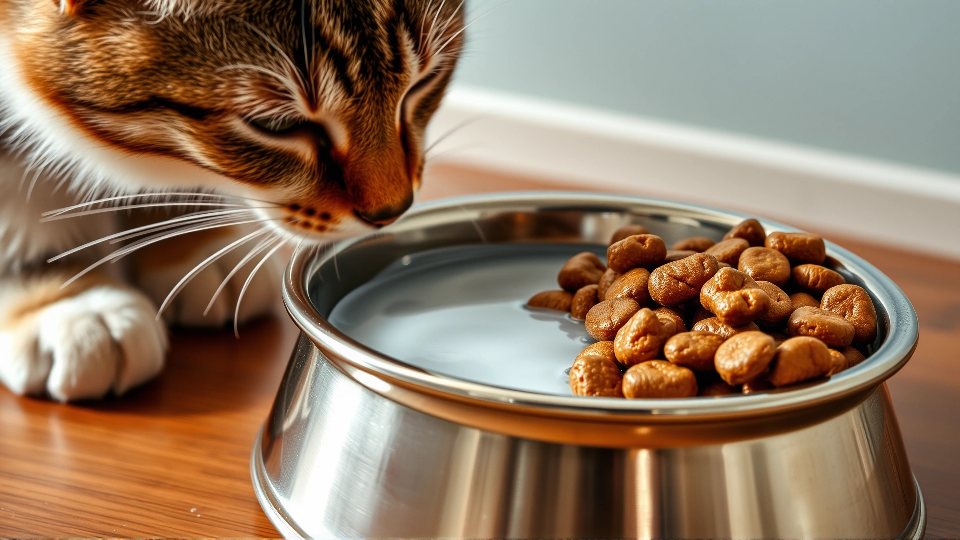 A close-up of a stainless steel bowl filled with high-quality wet cat food next to a fresh water bowl, cat sniffing it.