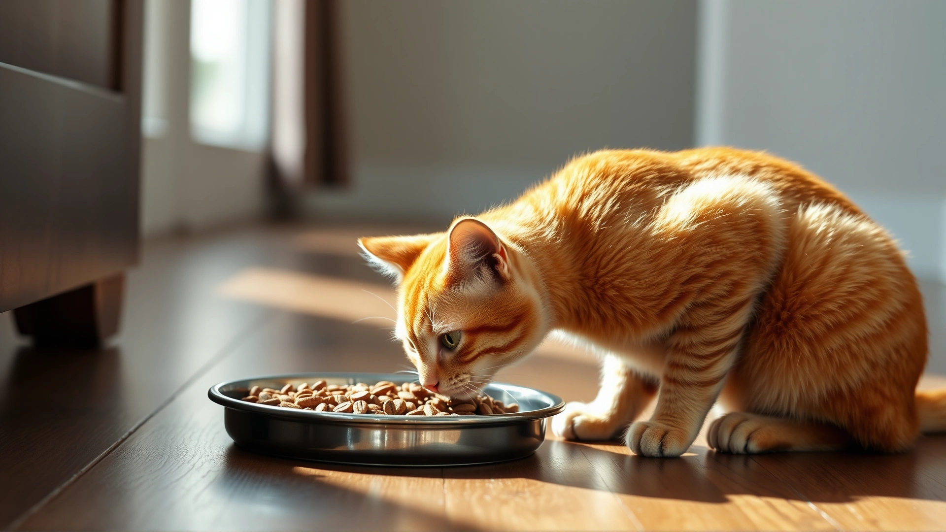 Adult ginger cat eating high-quality dry food from a stainless steel bowl on a wooden floor, soft natural lighting.