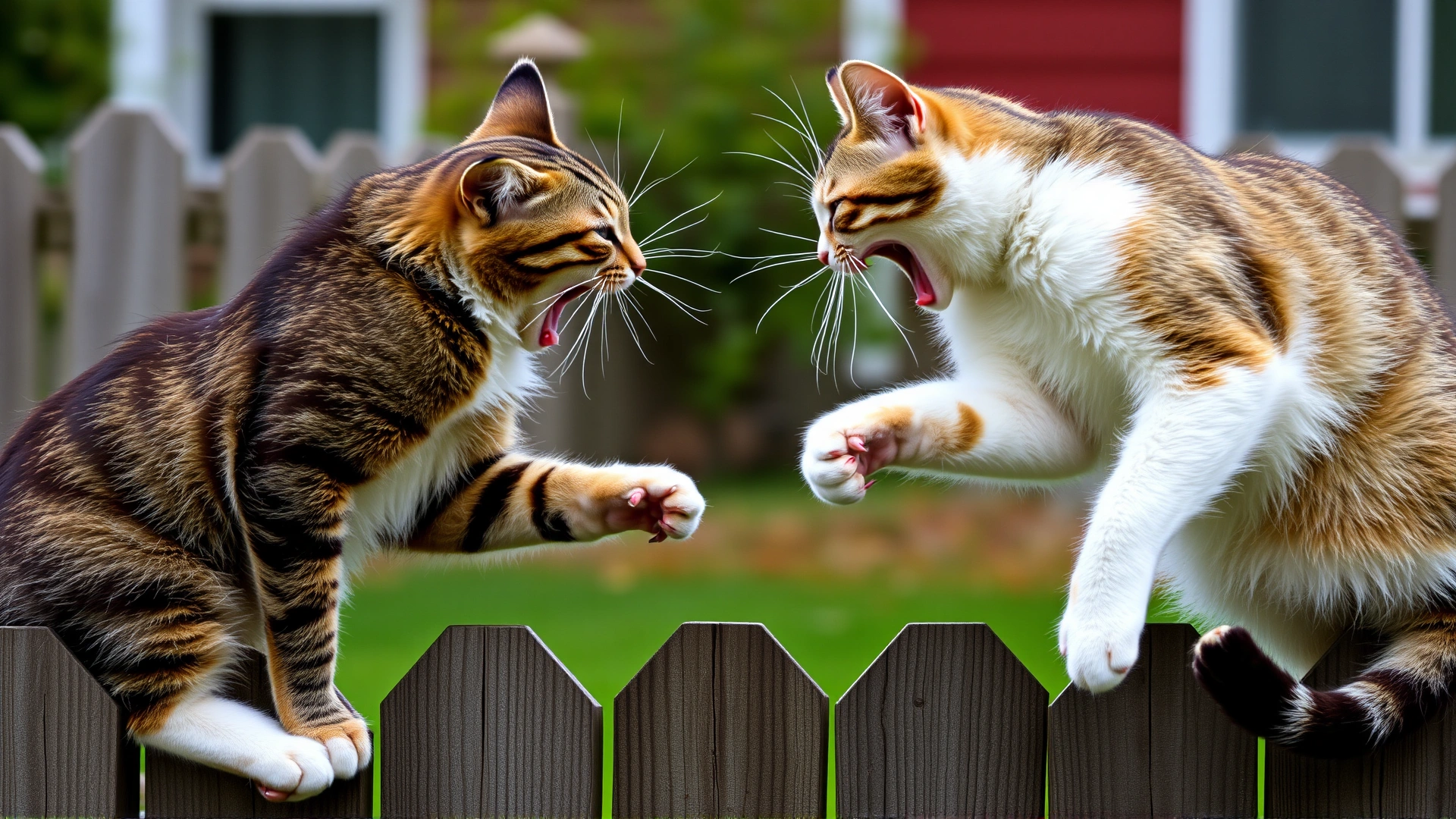 Action shot of two neighborhood cats lunging at each other, claws visible, on a wooden fence.