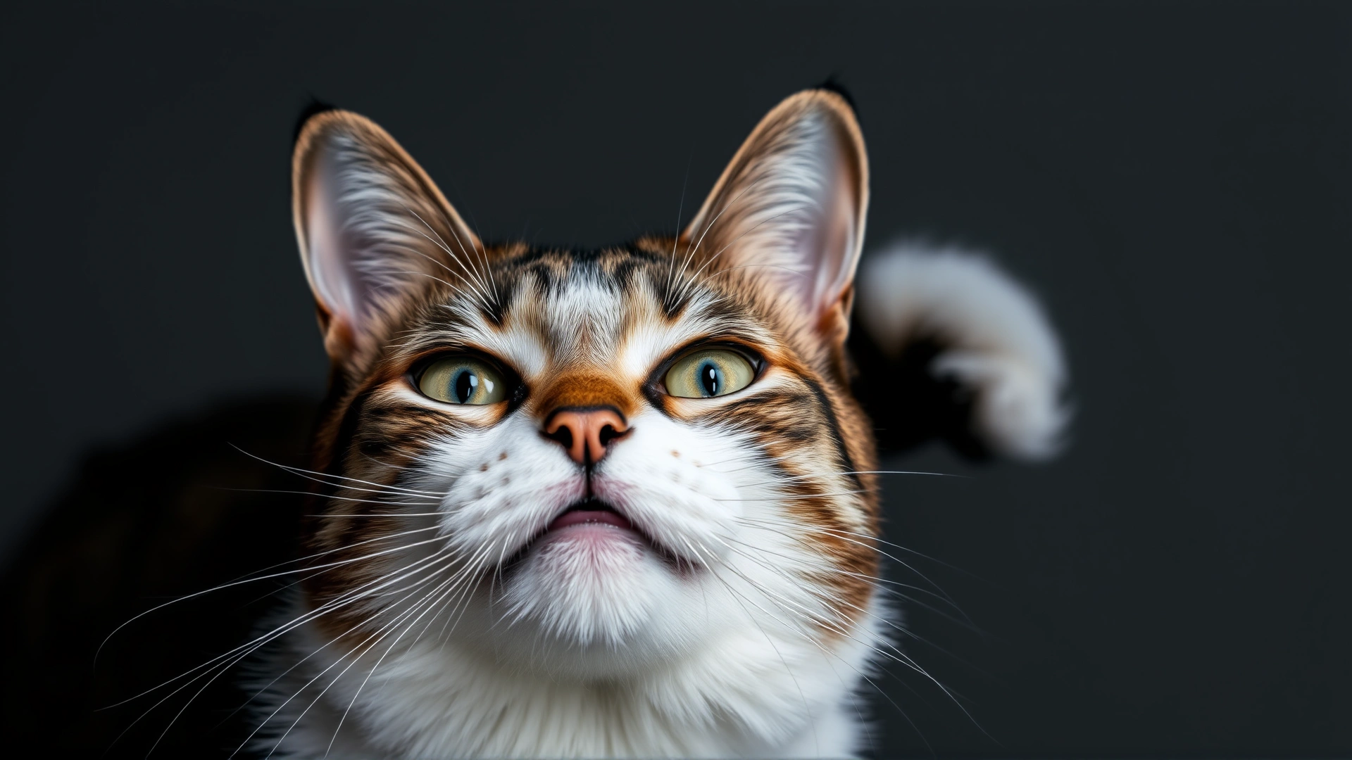 Close-up of a cat with flattened ears, dilated pupils and fluffed tail, captured just before a potential fight; dark neutral background for emphasis