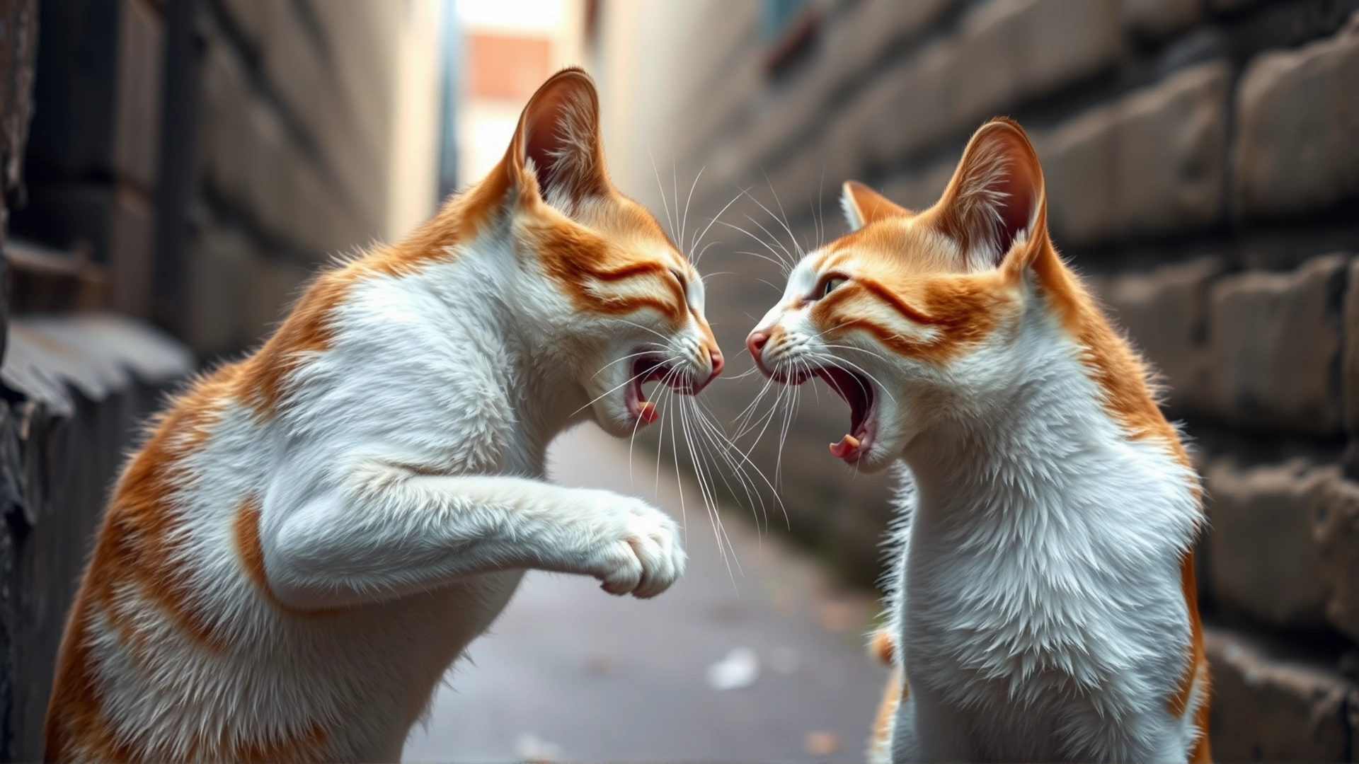 Two male stray cats in an alley engaged in a brief fight, highlighting the primary mode of FIV transmission through deep bite wounds