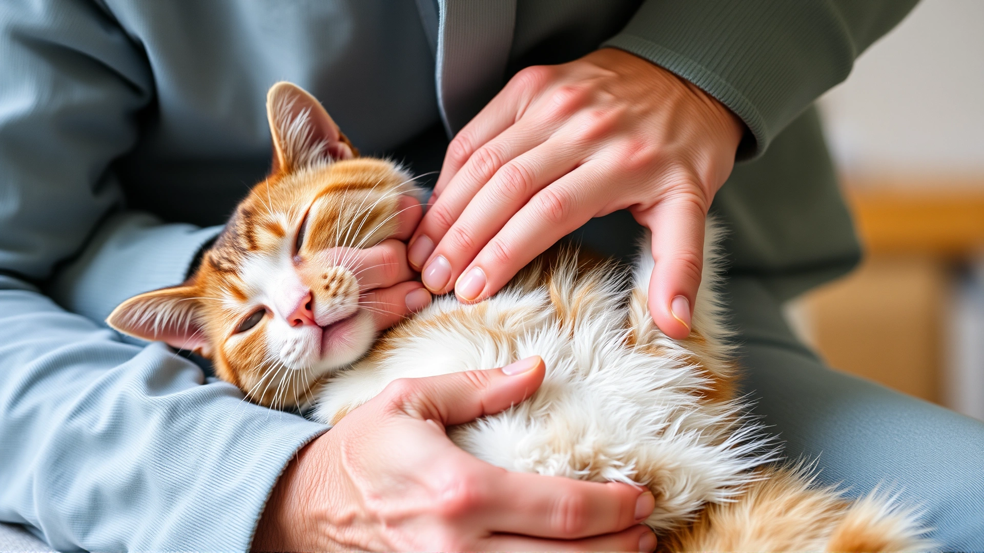 Owner carefully performing a Heimlich-like maneuver on a cat, gently pressing the cat's abdomen while supporting its chest, tutorial style close-up showing compassion.