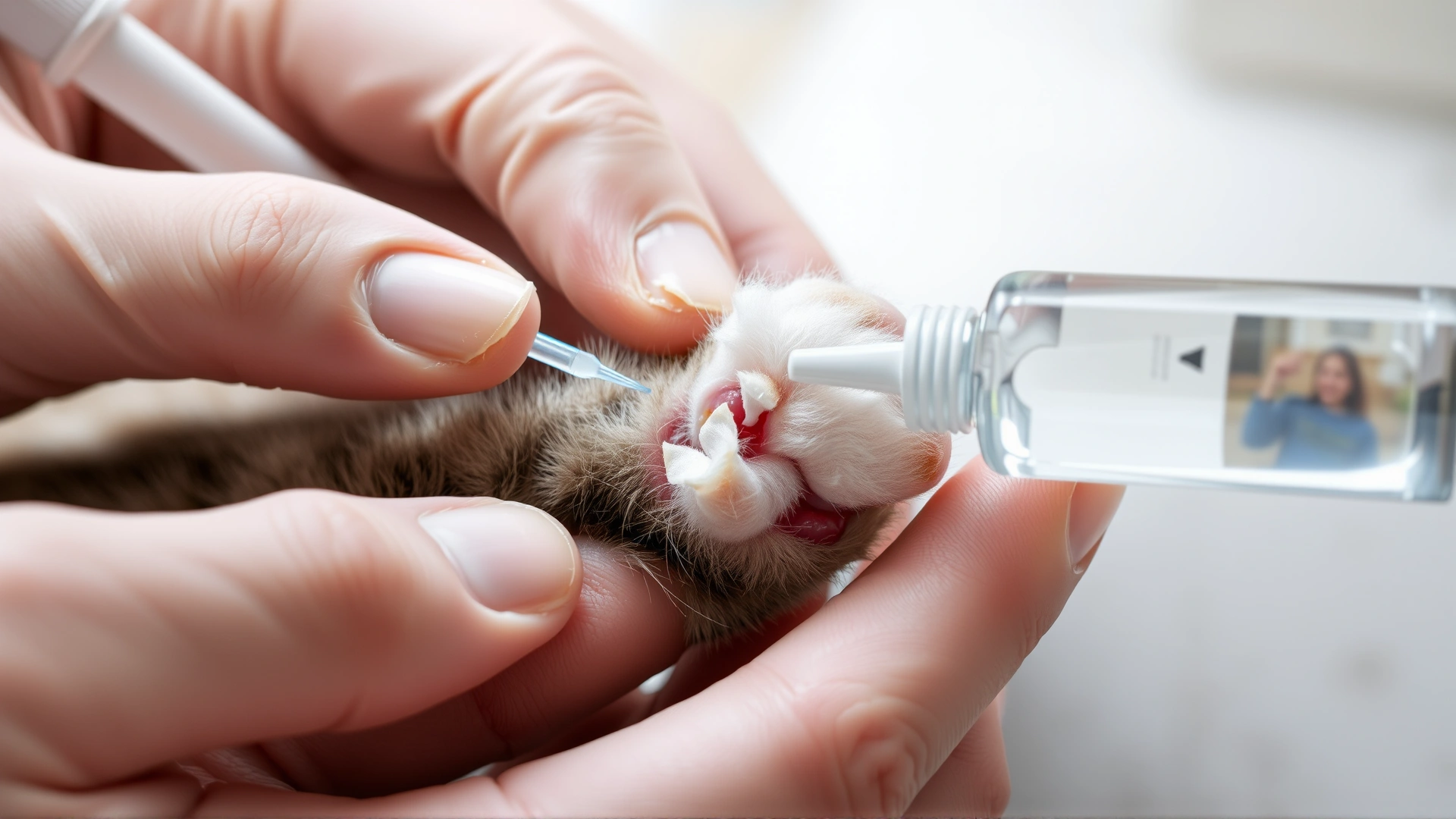 Close-up of hands cleaning a small wound on a cat’s paw with cotton and antiseptic.