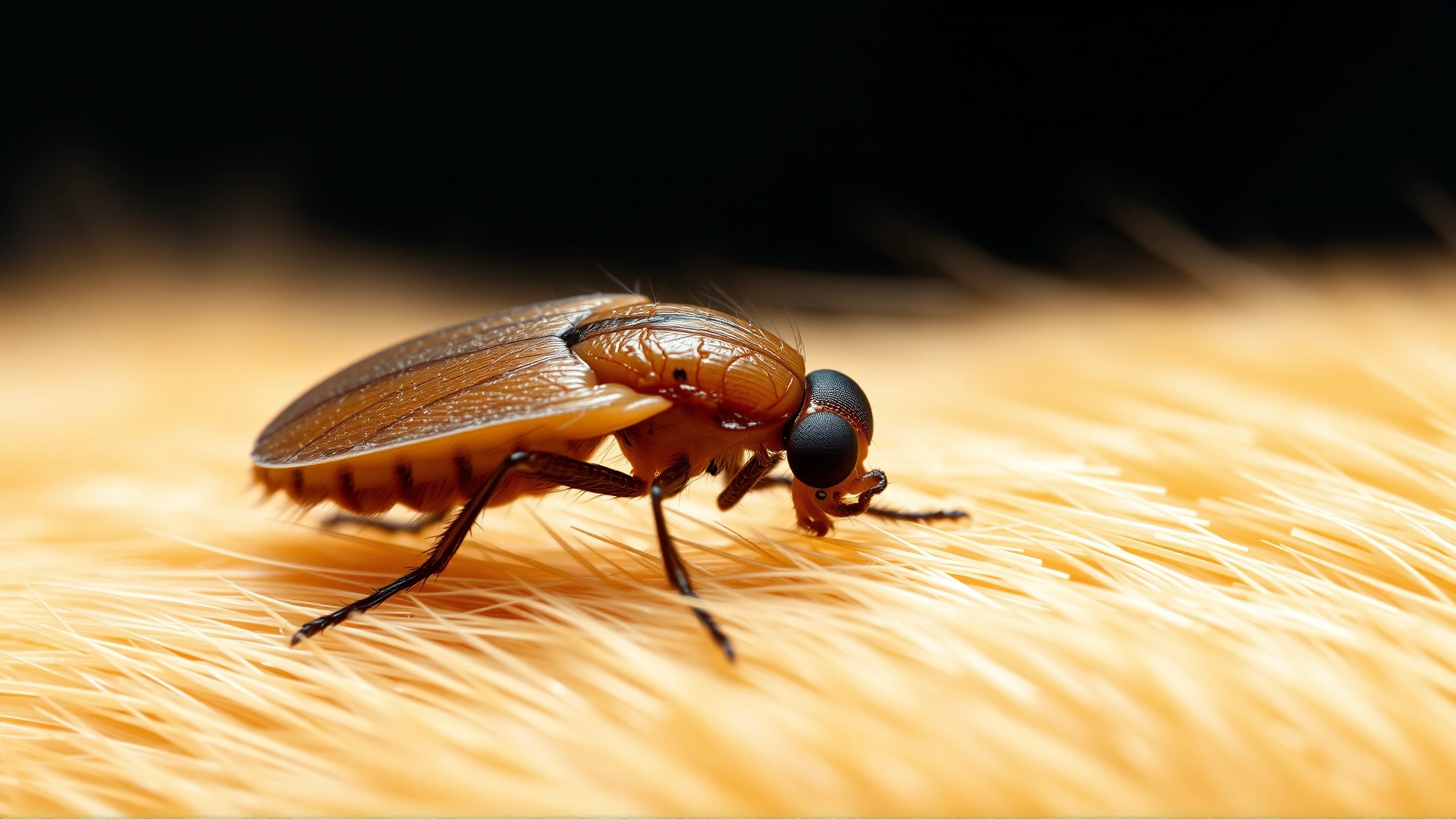 Macro shot of a flea on orange cat fur to illustrate parasite transmission