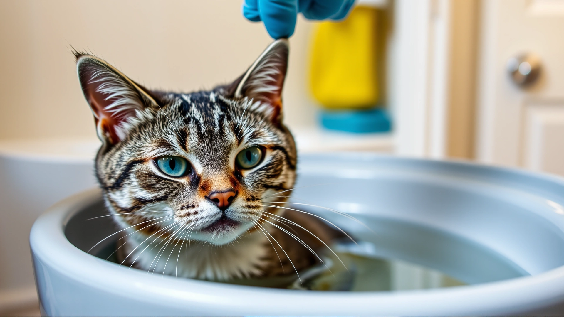 A medium-long shot of a grey tabby cat being gently lowered into a shallow tub of lukewarm water by a gloved owner, focus on cat’s face showing mild curiosity, indoor bathroom setting, no text.
