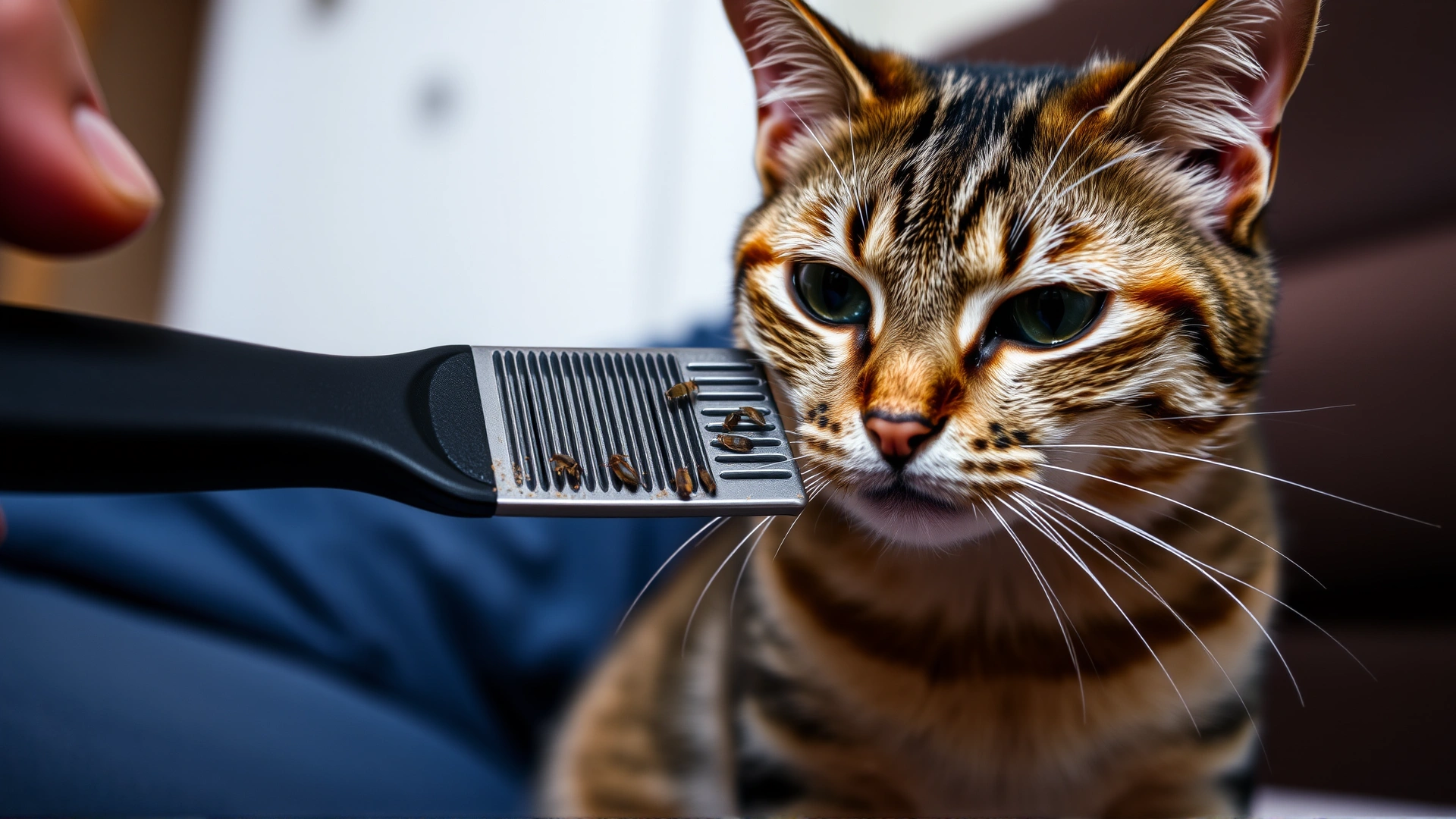Macro shot of a person using a flea comb on a short-haired tabby cat; fleas or flea dirt visible in the comb; indoor setting.