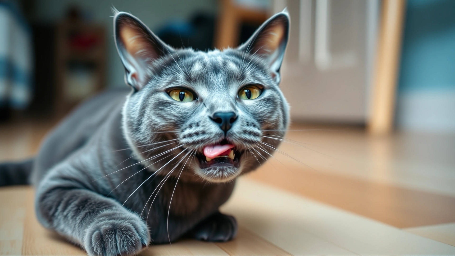 Medium shot of a gray domestic cat mid-Flehmen response, lip curled and tongue slightly visible, indoors on a wooden floor, shallow depth of field