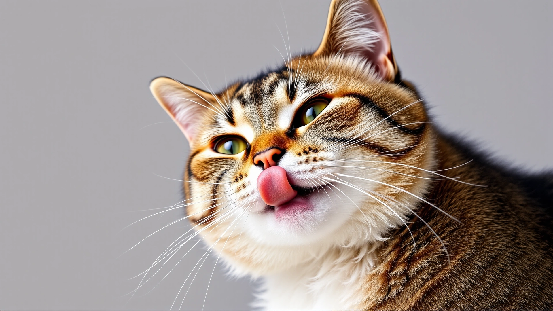 Domestic short-hair cat curling upper lip and opening mouth slightly in a Flehmen response, neutral background