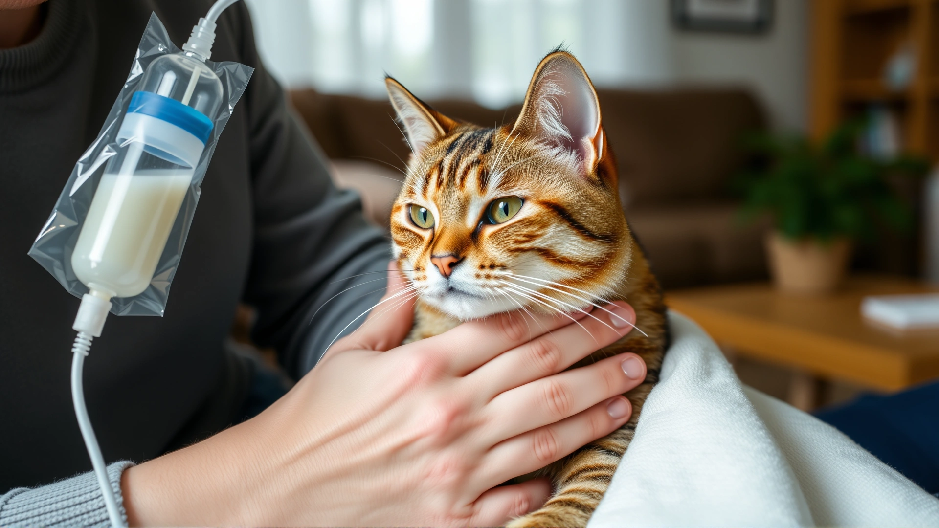 Domestic cat calmly receiving subcutaneous fluid therapy at home; an owner holds an IV bag while gently petting the cat, cozy living-room background.