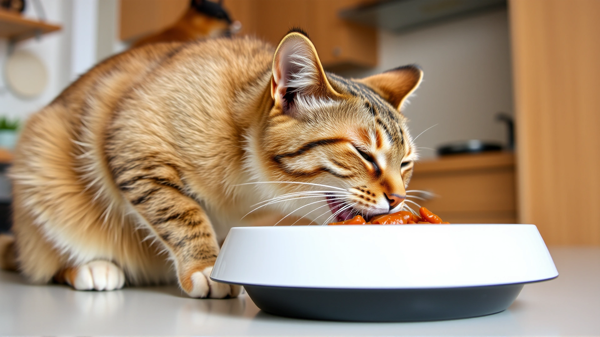 Photo of a healthy, relaxed cat eating specialized wet food from a bowl in a bright kitchen