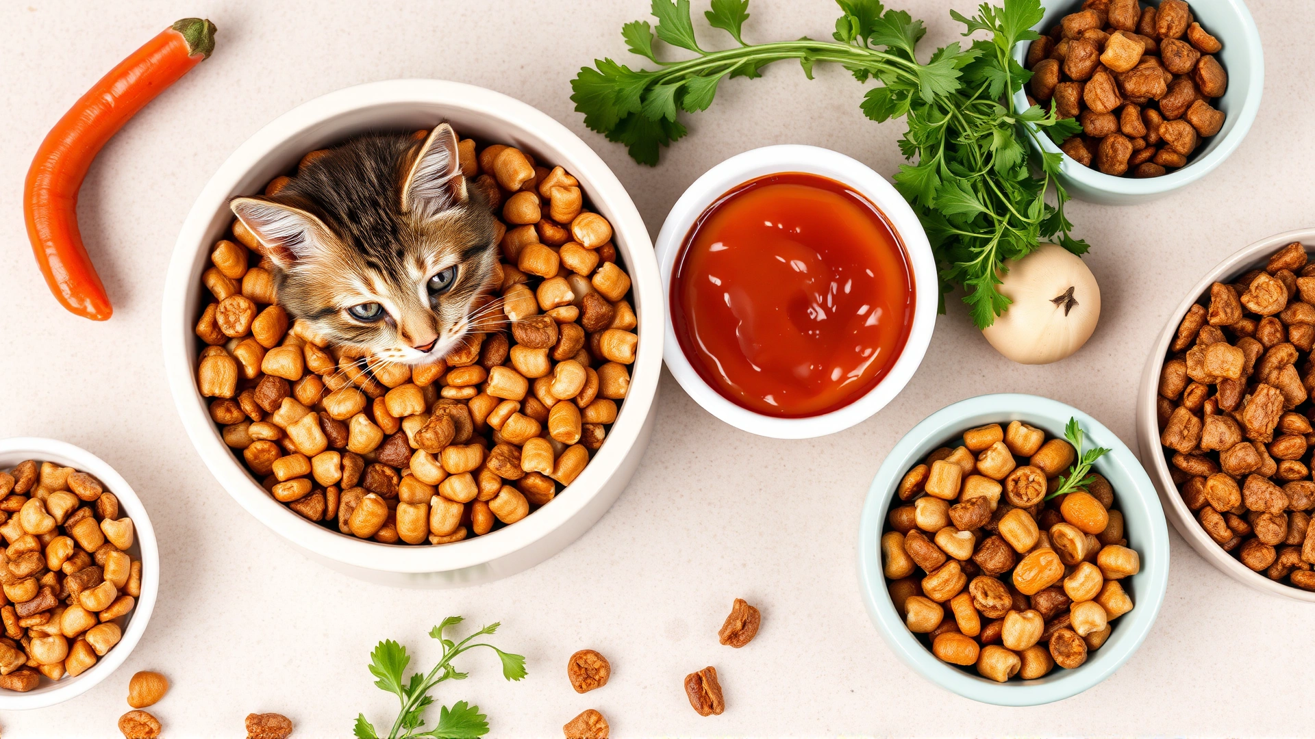 Healthy selection of cat food bowls containing high-quality kibble and wet food, with fresh vegetables and herbs as decoration, neutral background