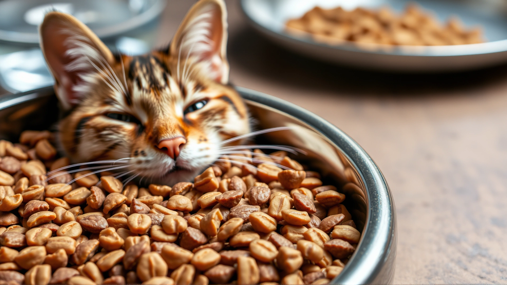 Close-up of a bowl filled with high-quality dry cat food next to fresh water