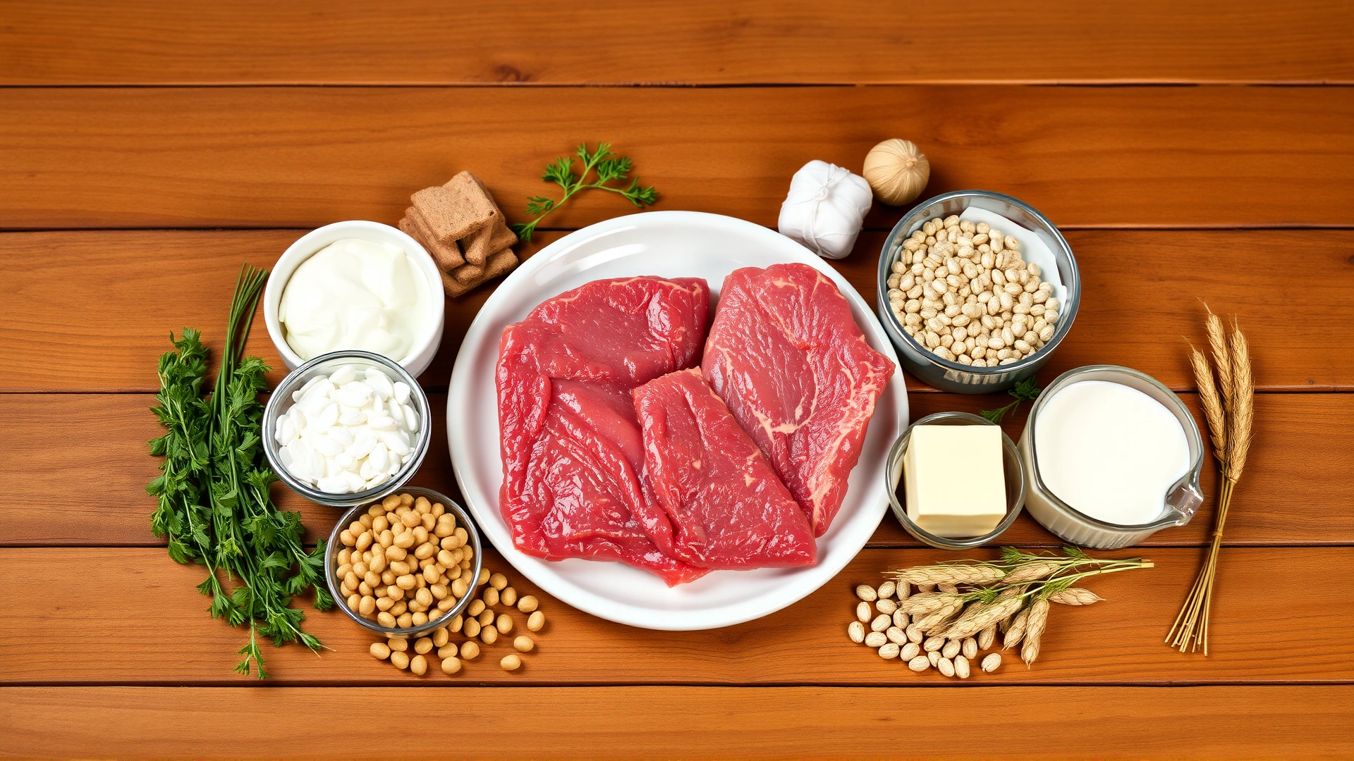 Flat-lay of various common cat food ingredients such as chicken, beef, fish, dairy, and wheat arranged neatly on a wooden surface, studio lighting, no text, high resolution