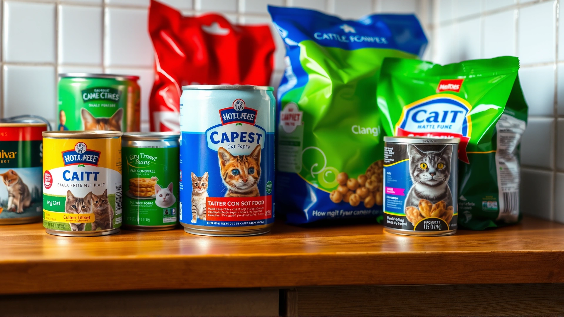 A neatly arranged row of various cat food cans and bags on a wooden countertop